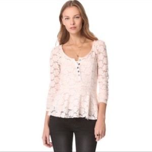 Free People pink floral lace henley peplum top